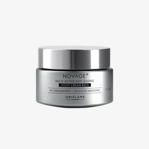 Oriflame NovAge+ Multi-Active Anti-Ageing Night Cream jar in a sleek silver container, designed to help reduce visible signs of aging and support skin renewal overnight.