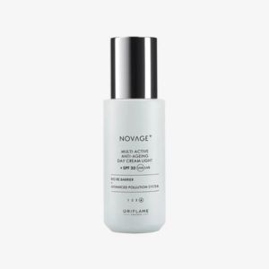 Novage+ Multi-Active Anti-Ageing Day Cream Light SPF 30 in a white bottle with a metallic silver cap, displayed against a light gray background.Novage+ Multi-Active Anti-Ageing Day Cream Light SPF 30 in a white bottle with a metallic silver cap, displayed against a light gray background.