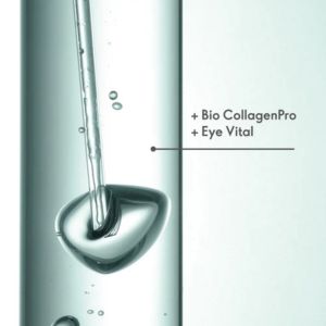 Close-up of a transparent skincare serum with suspended droplets and a fluid swirl inside a glass container, highlighting Bio CollagenPro and Eye Vital technology.